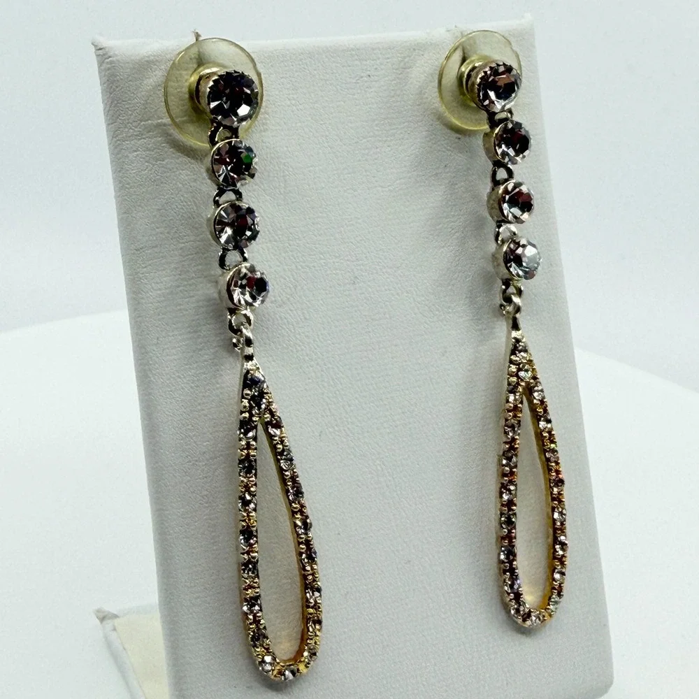 Vintage Gold Tone Dangle Earrings AB Rhinestone Teardrop Open Hoop Statement Y2K